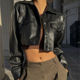 Women Sexy Crop PU-Leather Jacket