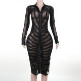 Women Sexy Mesh See-Through Long Sleeve Plunging Striped Dress