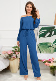 Women Casual Off Shoulder Long Sleeve Lace Up Wide Leg Jumpsuit