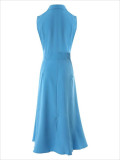 Plus Size Women Solid Single Breasted Turndown Collar Sleeveless Maxi Dress