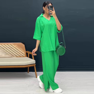 Plus Size Women Loose Top and Slit Wide Leg Pants Two-piece Set