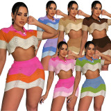 Women Kintting Colorblock Crop Top and Skrit Two-piece Set