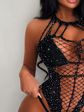 Women Beaded Net Hollow Jumpsuit Sexy Jacquard Suspender Rhinestone Long Sleeve Net Top
