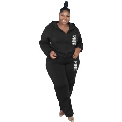 Plus Size Women Casual Solid Hoodies and pant two-piece set