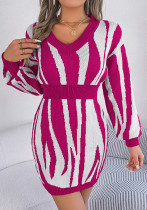 Women v-neck contrast zebra print long-sleeved Bodycon sweater dress