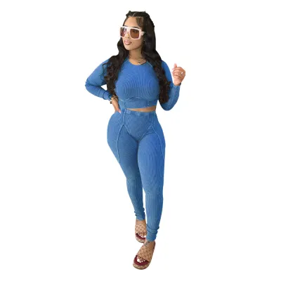 Women Sexy Ribbed Long Sleeve Top and Pant Two-piece Set