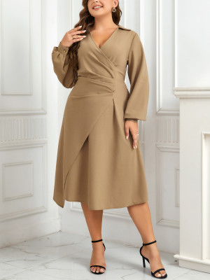 Plus Size Spring And Autumn Slim Fit V-Neck Solid Color Chic Irregular Dress
