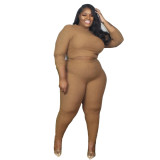 Plus Size Women's Autumn And Winter Solid Color Ribbed Long Sleeve Two-Piece Set