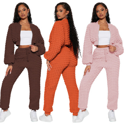 Women's Fashion Casual Solid Zipper Long Sleeve Draw String Two-Piece Pants Set