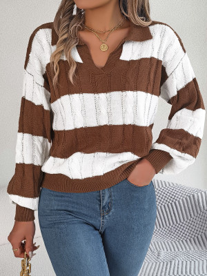 Autumn And Winter Casual V Neck Contrast Color Lantern Sleeve Pullover Women Sweater
