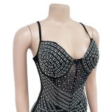 Fashionable Women's Solid Color Mesh Beaded Straps Bodycon Dress