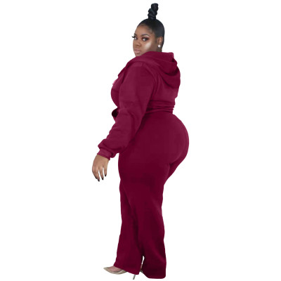 Plus Size Women's Fashion Casual Solid Color Autumn And Winter Hooded Two Piece Tracksuit