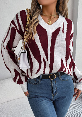 Autumn And Winter Casual V-Neck Contrast Color Long Sleeve Pullover Basic Sweater Women's Clothing