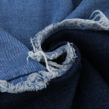 Denim Patchwork Distressed Strapless Crop Vest High Waist Miniskirt Two Piece Set