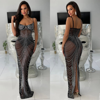 Women's Solid Color Mesh Beaded Straps Maxi Dress