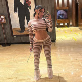 Autumn Women's Sexy Mesh See-Through Printed Slim Top High Waist Casual Pants Suit