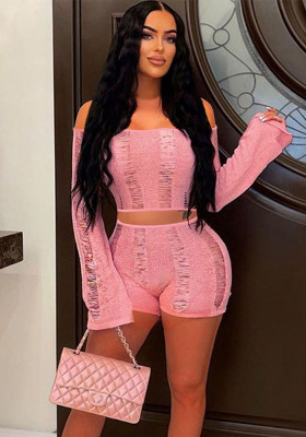 Women's Sexy Off Shoulder Back Hollow Long Sleeve Top Shorts Two-Piece Set