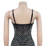 Fashionable Women's Solid Color Mesh Beaded Straps Bodycon Dress