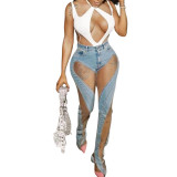 See-Through Mesh Patchwork Slit Stretch Fit Butt Lift Denim Pants