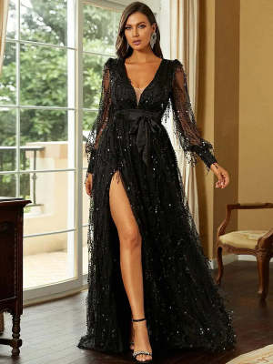 Women sequin V-neck Halter Neck suspender Formal Party evening dress