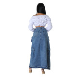 Women High Waist Slit Cargo Denim Skirt