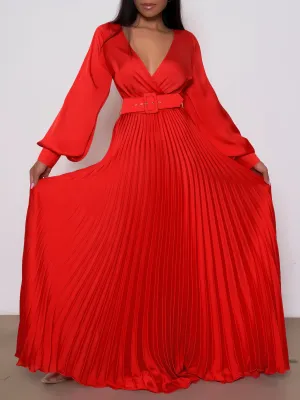 Women V Neck Long Sleeve High Waist Pleated Maxi Dress