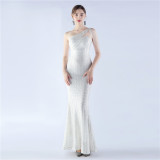 Women Beaded One Shoulder Slash Shoulder Evening Dress