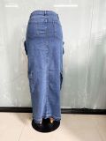 Women High Waist Slit Cargo Denim Skirt