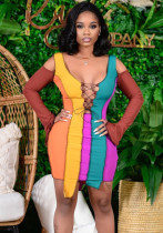 Women Color Blocked Off-Shoulder V-Neck Sexy Dress