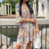 Women Printed V-Neck Half-Sleeve Loose Casual Dress