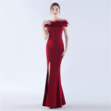 Women Ostrich Feather Off Shoulder Strapless Evening Dress