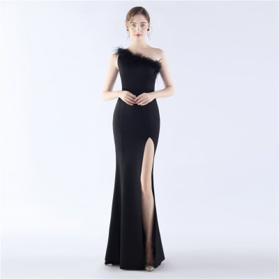 Women Ostrich Feather Slash Shoulder One Shoulder Evening Dress