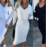 Women Winter Sleeveless Dress and Deep V-Neck Long Sleeve Top Two-piece Set