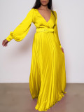 Women V Neck Long Sleeve High Waist Pleated Maxi Dress