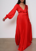 Women V Neck Long Sleeve High Waist Pleated Maxi Dress