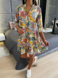 Women Printed V-Neck Half-Sleeve Loose Casual Dress