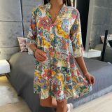 Women Printed V-Neck Half-Sleeve Loose Casual Dress