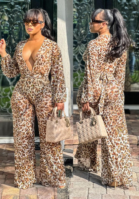 Women Sexy Leopard Print Long Sleeve Jumpsuit