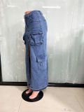 Women High Waist Slit Cargo Denim Skirt