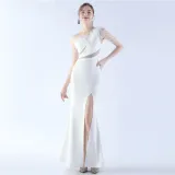 Women Beaded Beaded Ostrich Feather Slash Shoulder One-shoulder Evening Dress