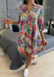 Women Printed V-Neck Half-Sleeve Loose Casual Dress