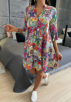 Women Printed V-Neck Half-Sleeve Loose Casual Dress