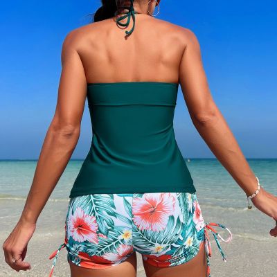 Floral Lace-Up Boxer Shorts Low Back Sexy Top Two Piece Swimsuit For Women