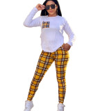 Women's Autumn And Winter Casual Fashion Slim Plaid Print Two Piece Pants Set