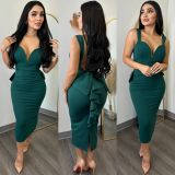 Solid Color Low Back Deep V Bow Elastic Slit Bodycon Dress