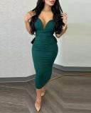 Solid Color Low Back Deep V Bow Elastic Slit Bodycon Dress