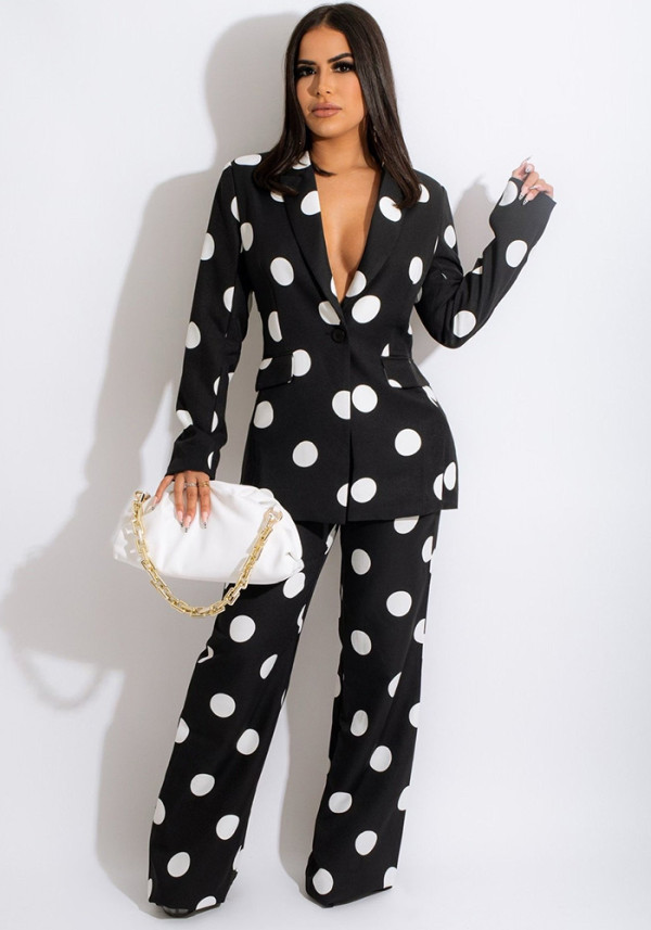 Women's Fashion Casual Polka Dot Print Blazer Pants Two Piece Suit