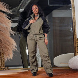 Autumn And Winter Women's Stand Collar Color Block Long Sleeve Top Cargo Trousers Windbreaker Sports Casual Two-Piece Set