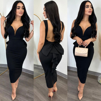 Solid Color Low Back Deep V Bow Elastic Slit Bodycon Dress