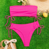 Solid Color Ribbed Strapless Drawstring Sexy Two Pieces Bikini Swimsuit